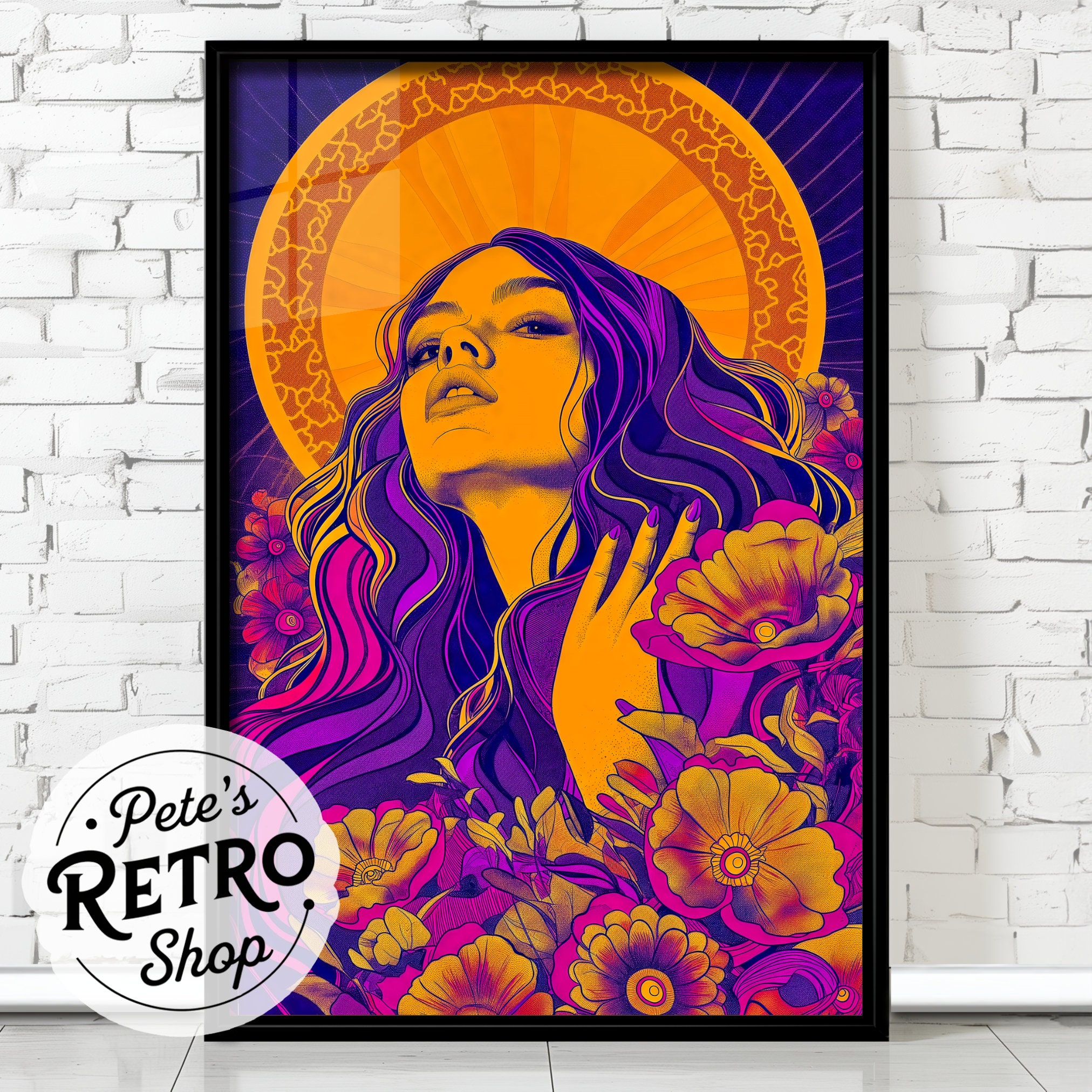 Psychedelic Hippy Girl Poster or Canvas. Vibrant Colorful 1960s