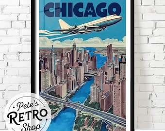 Chicago Retro Travel Poster or Canvas Print. Vintage Airline Ad. Airplane Decor, Midcentury Skyscraper Cityscape Painting. Blue White Black.
