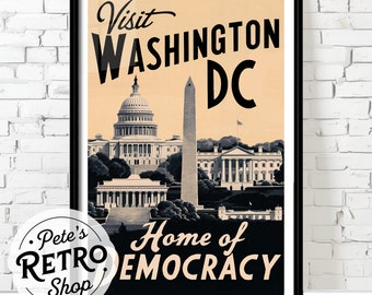 Washington DC Retro Travel Poster or Canvas Print. Vintage American Landmarks Historical Illustration. Midcentury Decor. Black and White Art