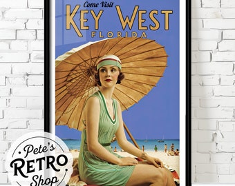 Key West Retro Travel Poster or Canvas Print. Vintage Florida Advertising Wall Art. 1920s Flapper Ocean Beach Decor. Blue Beige Illustration