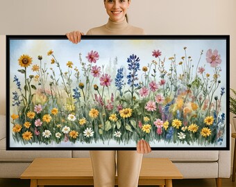 Flower Garden Watercolor Painting Print, Panoramic Canvas Art, Pink Yellow Wildflowers, Cottagecore Meadow Wall Decor, Soft Bloom Landscape