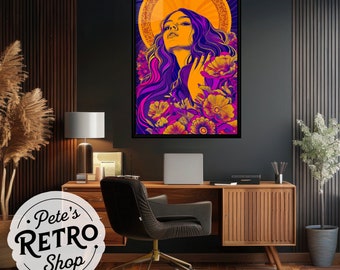 Psychedelic Hippy Girl Poster or Canvas. Vibrant Colorful 1960s