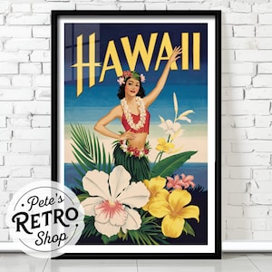 Hawaii Retro Travel Poster or Framed Canvas Print. Vintage Hawaiian Hula Girl Dance Illustration. Exotic Tropical Flowers. Beach Wall Decor.