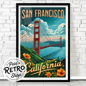 San Francisco Retro Travel Poster or Canvas Print. Golden Gate Bridge Bay Area California Painting. Yellow Poppy Flowers Blue Red Green Art Bild 1