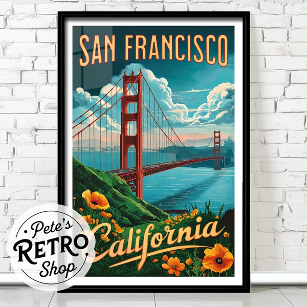 San Francisco Retro Travel Poster or Canvas Print. Golden Gate Bridge Bay Area California Painting. Yellow Poppy Flowers Blue Red Green Art