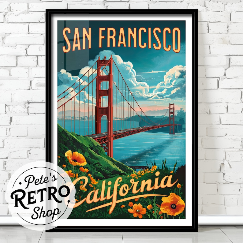San Francisco Retro Travel Poster or Canvas Print. Golden Gate Bridge Bay Area California Painting. Yellow Poppy Flowers Blue Red Green Art Bild 1
