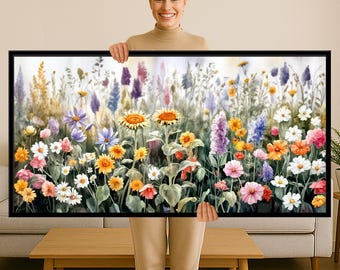 Sunflowers & Wildflowers Garden Painting Print, Daisies Roses Canvas Wall Art , Country Floral Cottagecore Decor, Colorful Botanical Art