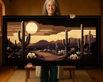 Golden Desert Cactus Print, Retro Sunset Landscape, Rustic Southwestern Wall Decor, Prickly Pear Poster, Panoramic Canvas Art, Earth Tones