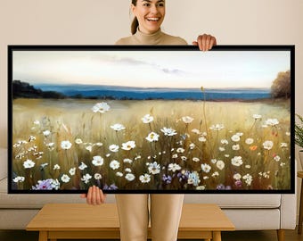 Golden Meadow with Daisies Painting Print, Rustic Floral Landscape, Twilight Field Farmhouse Decor, Panoramic White Wildflowers Canvas Art