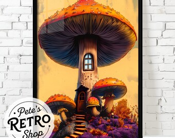Storybook Mushroom House Poster. Magical Forest Gnome Fairy Home. Retro 1960s Psychedelic Hippy Wall Decor. Fantasy Elf Treehouse Painting.