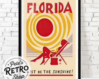 Florida Retro Travel Poster or Canvas Print. Vintage Summer Sun Advertising Illustration. Bold Graphic Design. Red Yellow Orange Beach Decor