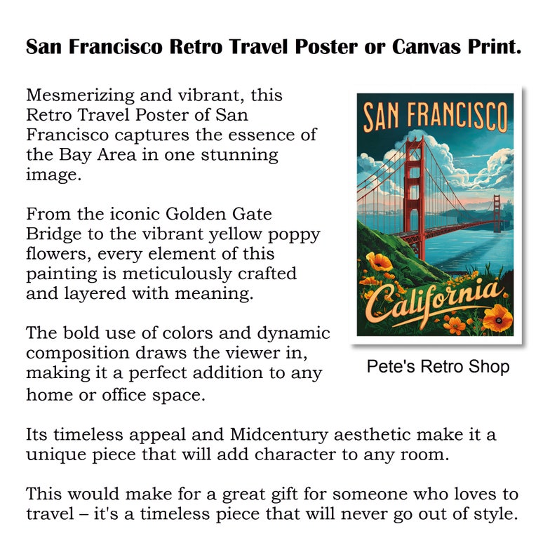 K&ouml;nnte beinhalten: Ein Retro-Reiseposter oder Leinwanddruck von San Francisco. Das Bild zeigt die Golden Gate Bridge, blaues Wasser und gelbe Mohnblumen. Die W&ouml;rter "San Francisco" und "California" sind im Bild zu sehen.