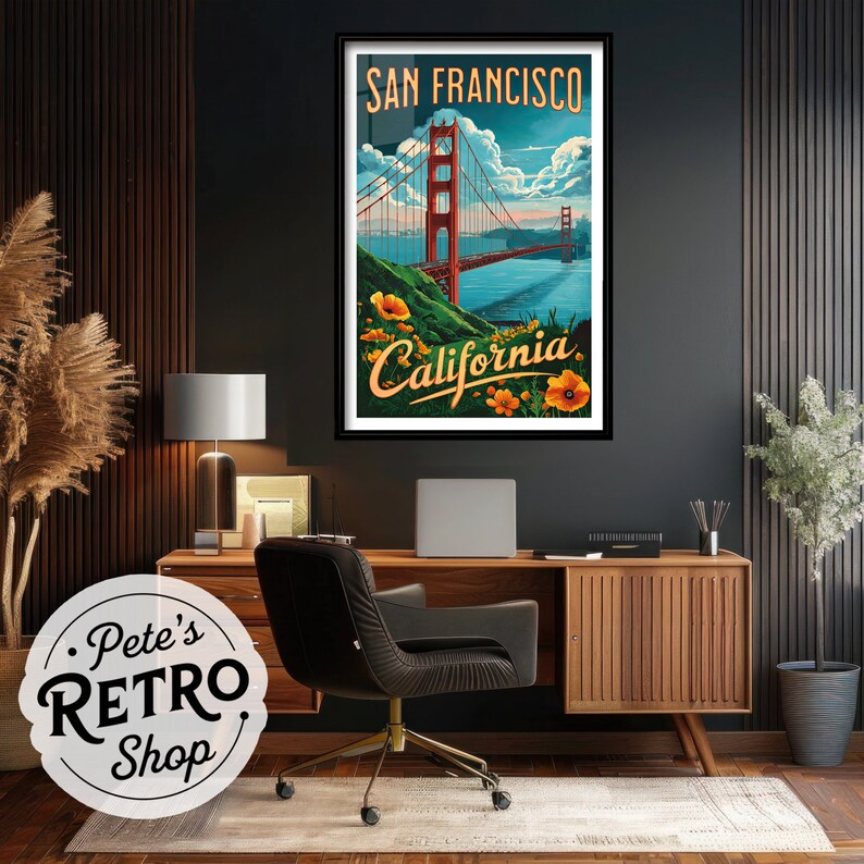 K&ouml;nnte beinhalten: Gerahmtes Reiseplakat von San Francisco mit der Golden Gate Bridge in Rot. Der Text "San Francisco" und "California" ist enthalten. Das Kunstwerk hat einen Vintage-Stil mit blauem Himmel und gr&uuml;nen H&uuml;geln.