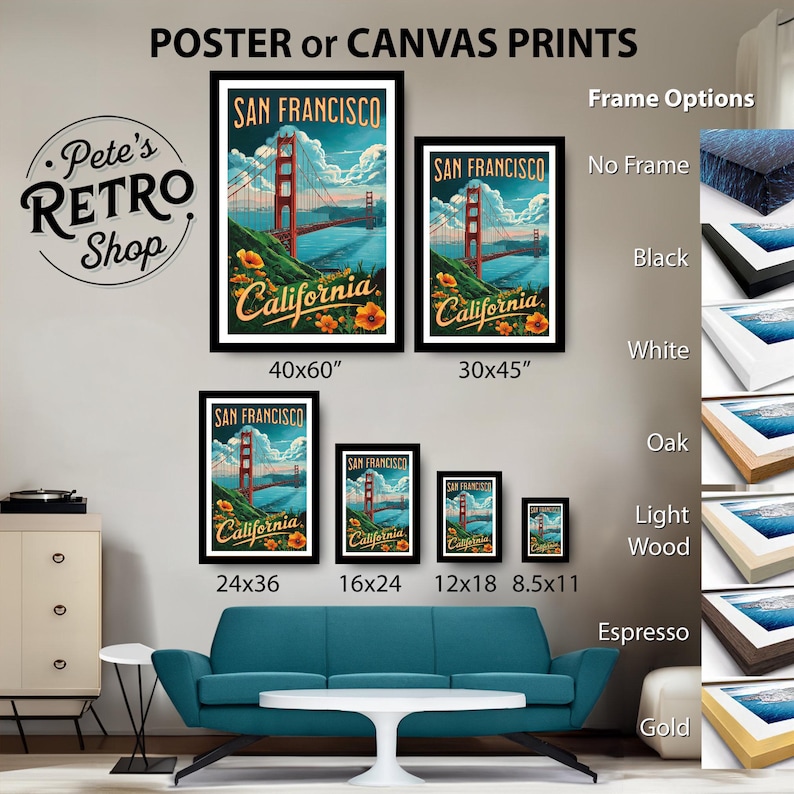 K&ouml;nnte beinhalten: Gerahmte San Francisco Poster in verschiedenen Gr&ouml;&szlig;en, darunter 101x152cm, 76x114cm, 61x91cm, 41x61cm, 30x46cm und 22x28cm. Die Poster zeigen die Golden Gate Bridge und das Wort "California". Rahmenoptionen: Ohne Rahmen, Schwarz, Wei&szlig;, Eiche, helles Holz, Espresso und Gold.