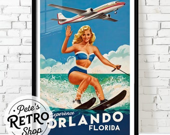 Orlando Retro Travel Poster or Canvas Print. Vintage 1950s Florida Advertisement. Water Skiing, Jet Airplane Illustration. Midcentury Decor.