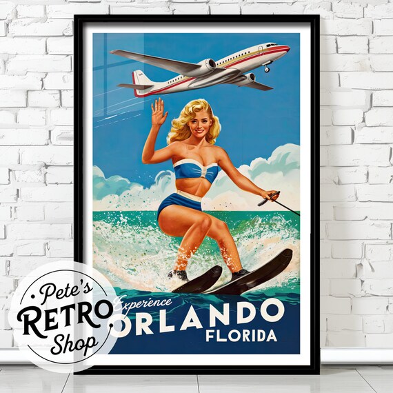 Orlando Retro Travel Poster or Canvas Print. Vintage 1950s Florida Advertisement. Water Skiing, Jet Airplane Illustration. Midcentury Decor.
