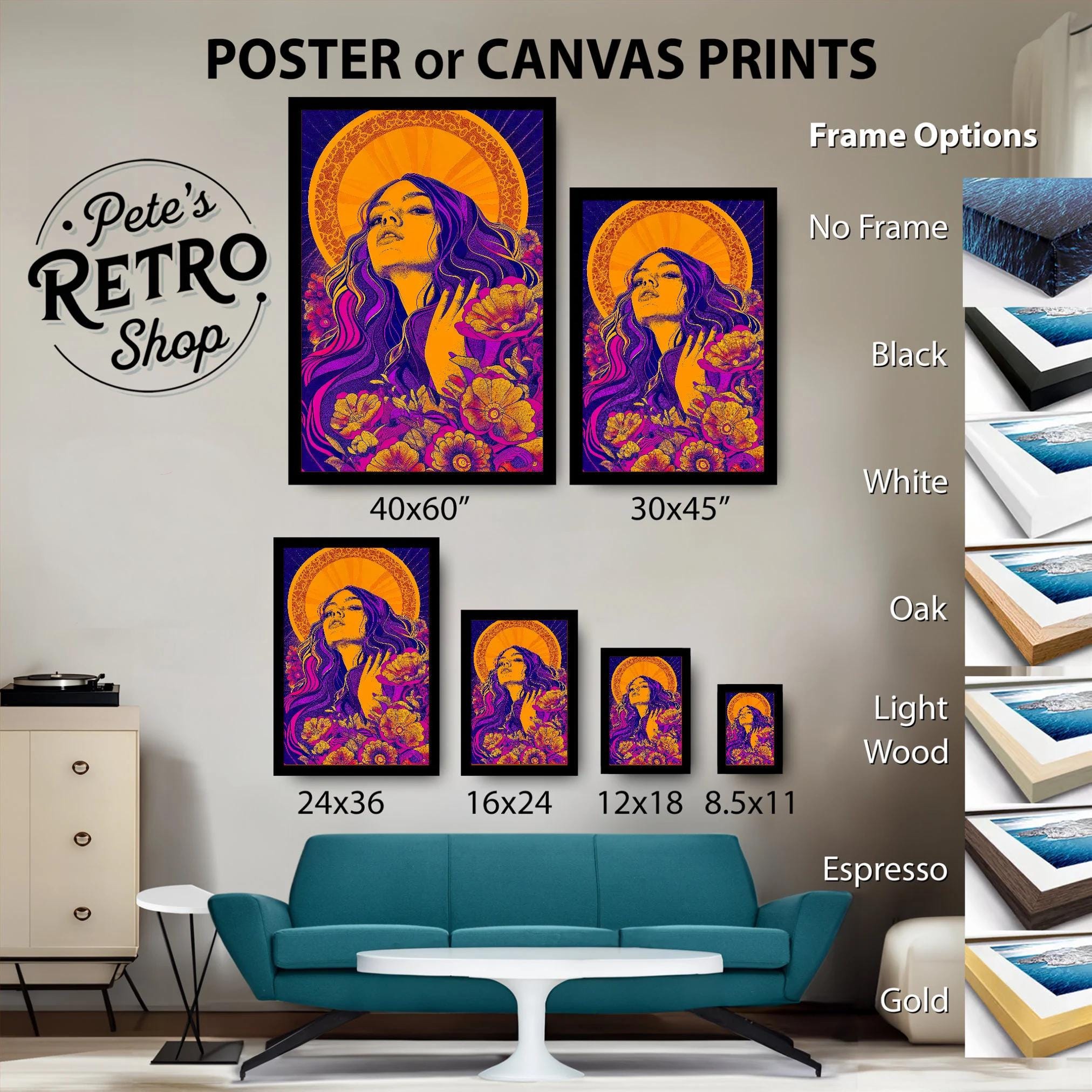Psychedelic Hippy Girl Poster or Canvas. Vibrant Colorful 1960s