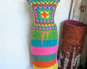 Bright Granny Square Beach Dress (size 4-8)- (Pink-Turquoise-Yellow-Orange-Green Multi)- Ready to Wear