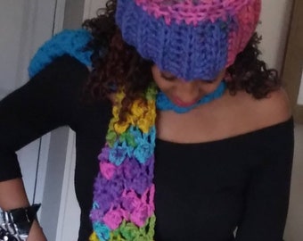 Textured Two Toned Bright Scarf - Ready to Wear - Multi-Colored & Turquoise Yarn (hat sold separately)