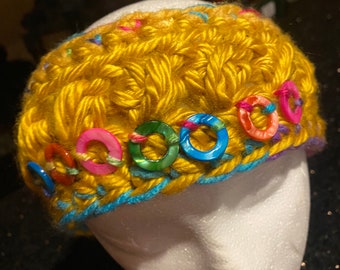 Colorful Cozy Earwarmer/Headband - Ready to Wear - Yellow & Rainbow