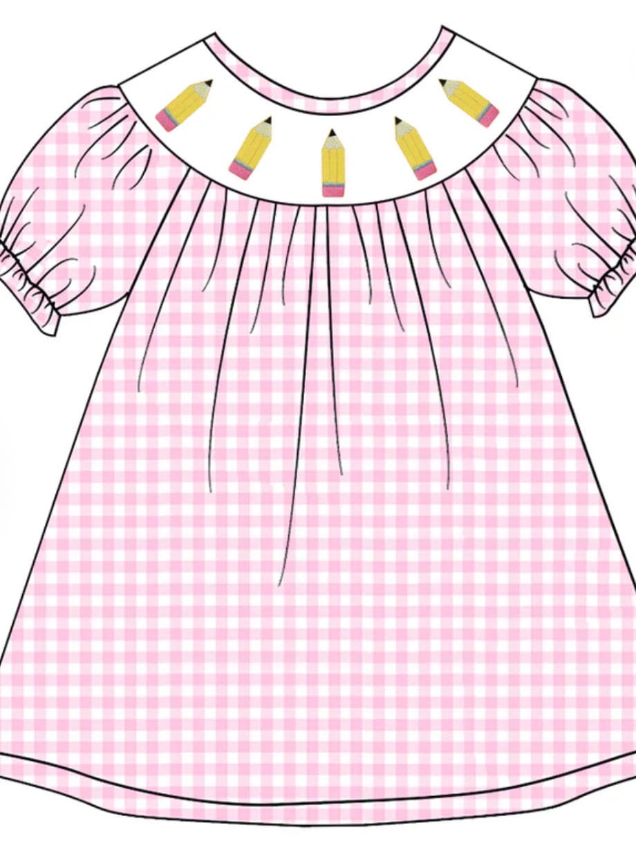 Petit Bebe Girls Blue Gingham Smocked Apples & Pencils Dress - Collar main image 1