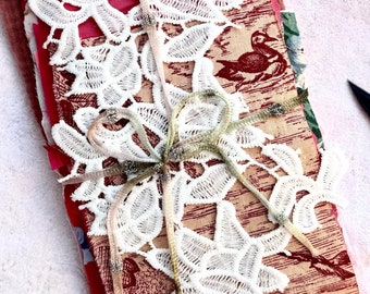 Berry Pink Mixed Fabric and Lace Bundle for Junk Journal Neutral Silk & TeaDye Textile Collection for Ephemera Kit for Slow Stitching Art
