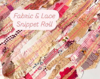Original Powder Pink Fabric Snippet Roll Neutral Lace Ruffle Junk Journal Ephemera Page Embellishment Red Bellyband Scrapbooking Page Border