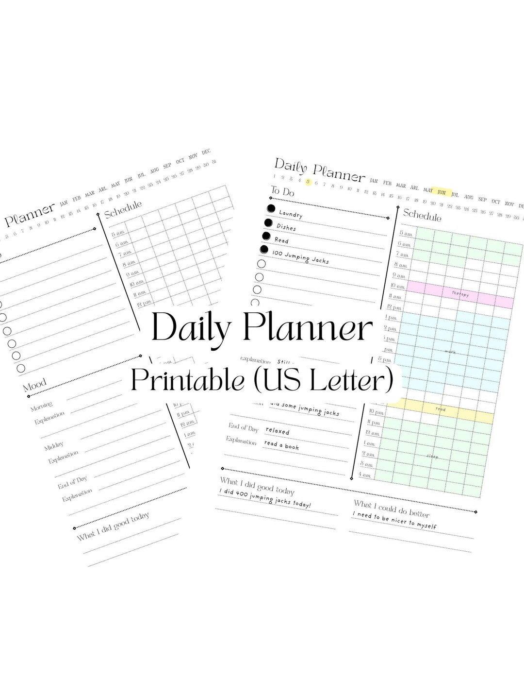 Printable Daily Planner Undated Journal US Letter Size Hourly 10-minute ...