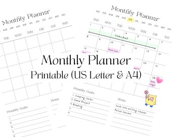 May include: A printable monthly planner with a white background. The planner includes sections for dates, monthly goals, and notes. The text "Monthly Planner Printable (US Letter & A4)" is displayed. The planner is designed for organizing tasks and schedules.