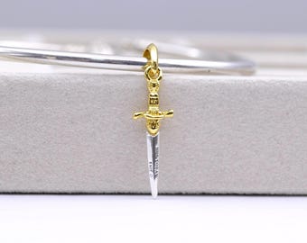 Sterling Silver Needle Dangle Charm: 14k Gold Plated Sword Pendant