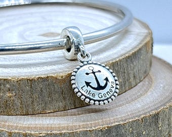 Charm de plata esterlina del lago Ginebra, Wisconsin: colgante de viaje para pulsera de charms