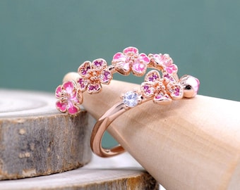 Rose Gold Peach Blossom Ring: Enamel Flower Branch, Cubic Zirconia