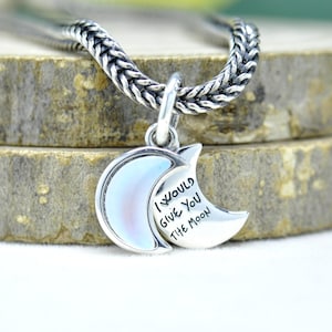 Può includere: Collana color argento con un ciondolo a forma di mezzaluna. Una metà della luna è blu madreperla, l'altra metà è incisa con le parole "I WOULD GIVE YOU THE MOON". La catena ha un design intrecciato.