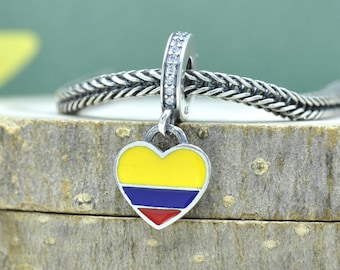 Sterling Silver Exclusive Country of Colombia Flag Heart Dangle Travel Pendant /Fit Charm Necklaces Bracelets/Gift for friends /Mixed Enamel