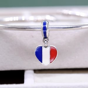 Sterling Silver Exclusive Country of France Flag Heart Dangle Charm Travel Pendant Charm /Fit Charm Necklaces Bracelets /Gift for friends