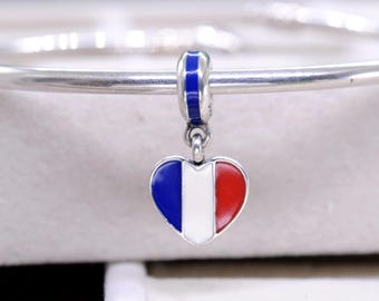 Sterling Silver Exclusive Country of France Flag Heart Dangle Charm: Travel Pendant