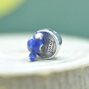 May include: A silver charm bead featuring a blue enamel accent. The side of the bead is engraved with the text PANDORA, S925 ALE, and Disney. The charm has a circular base and a metallic finish, showcasing clear branding and hallmark details.