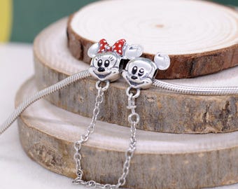 925 Sterling silver Mickey Baby & Minnie Baby Safety Chain Charm/gift for lover/ Fit Necklaces and Bracelets / Jewelry for Women Girl Gift