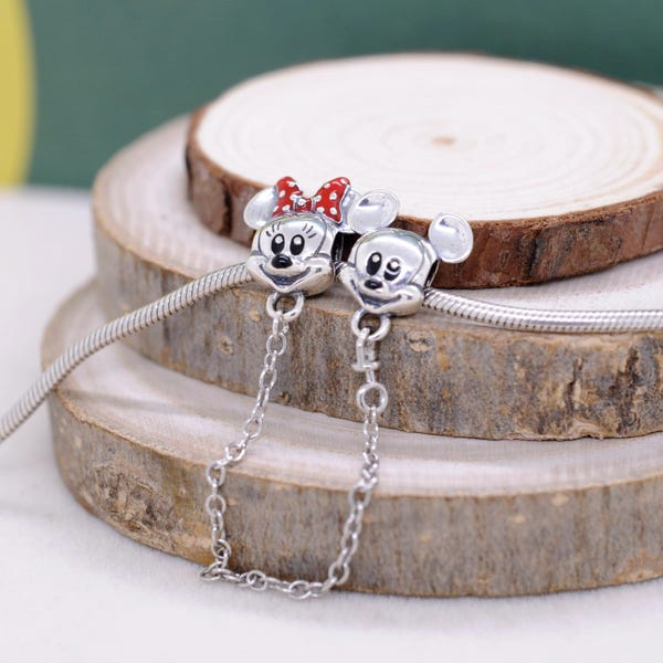 Dije de cadena de seguridad de Mickey Baby y Minnie Baby en plata de ley 925, regalo para pareja, compatible con collares y pulseras, joyería para mujer y niña.