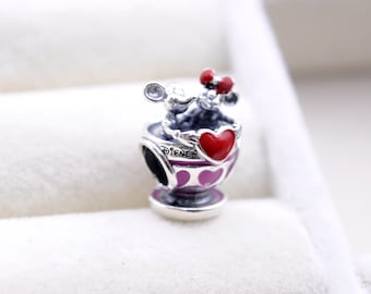 Pingente de xícara de chá do Mickey e da Minnie: Conta de esmalte em prata de lei