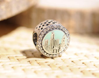 925 Sterling Silver Exclusive Chicago City Skyline Charm Button Charm / Gift for her / Charm for Bracelet and Necklace / Necklace Pendant