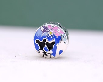 925 Sterling silver Mickey Minnie Fireworks Happily Life Charm /gift for lover/ Fit Necklaces and Bracelets / Jewelry for Women Girl Gift