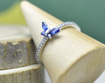 925 Sterling Silver Blue Sparkling Butterfly Ring