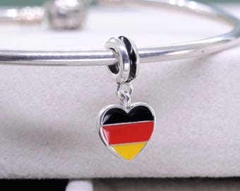 Sterling Silver Country of Germany Flag Heart Dangle Charm: Travel Pendant