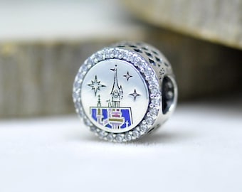Sterling Silver Paris Exclusive Sleeping Beauty Castle Logo Charm with Cubic Zirconia Enamel
