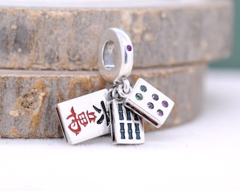 Dije triple colgante de Mahjong en plata de ley: colgante de cristal esmaltado