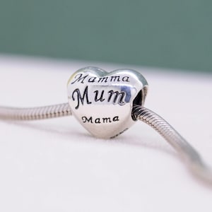 925 Sterling Silver Mum, Mama, Mother Bracelet Charm/ Family Love /For Charm Necklaces and Bracelets / Heart Charm /Gift for mother