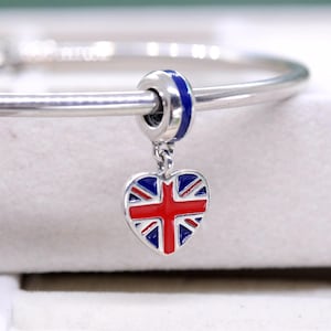 Sterling Silver Exclusive Great Britain Flag Heart Dangle Charm Travel Pendant /Fit Charm Necklaces Bracelets/Gift for friends /Mixed Enamel