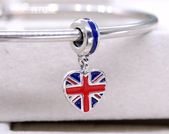 Sterling Silver Exclusive Great Britain Flag Heart Dangle Charm Travel Pendant /Fit Charm Necklaces Bracelets/Gift for friends /Mixed Enamel