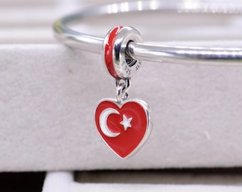 Sterling Silver Exclusive Country of Turkey Flag Heart Dangle Charm Travel Pendant Charm /Fit Charm Necklaces Bracelets /Gift for friends